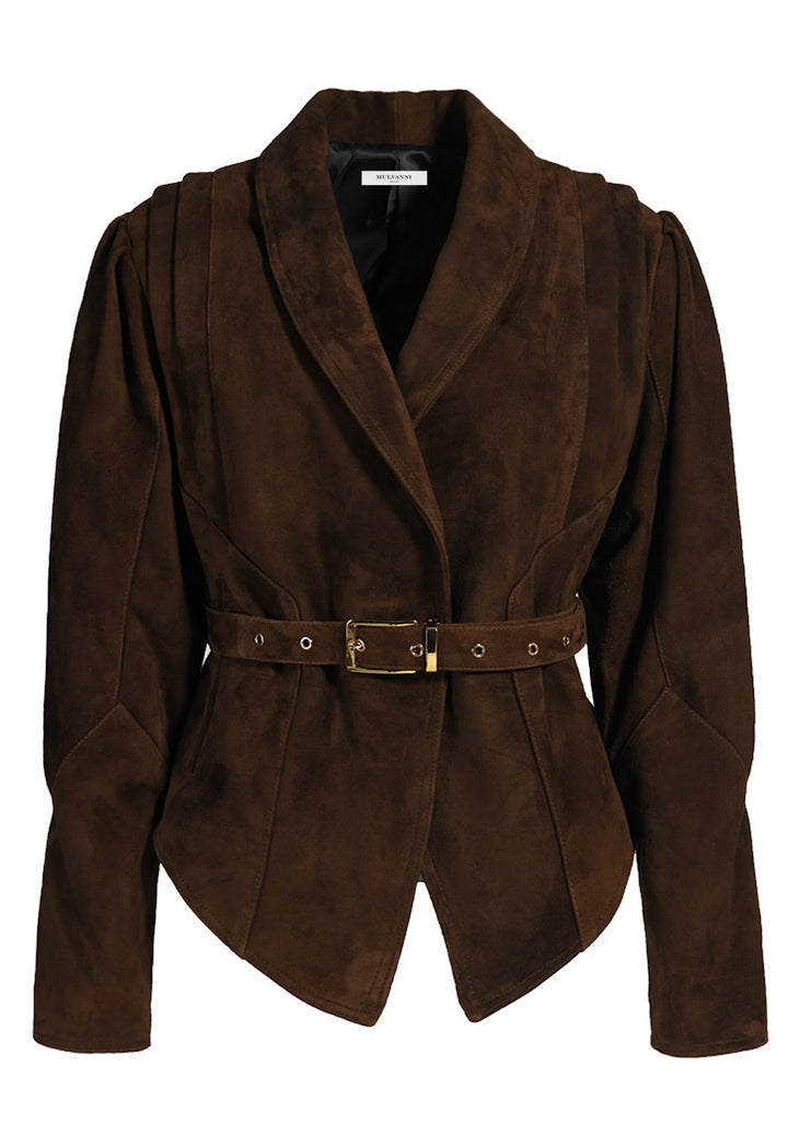 Tailored dark brown suede jacket crafted from soft, genuine suede, featuring a matching belt that cinches the waist for a defined silhouette.