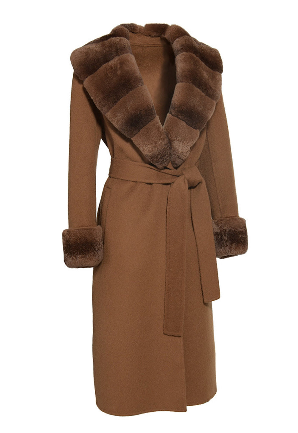 Elegant brown cashmere coat crafted from double-sided fabric, enhanced with a detachable Rex Rabbit fur collar and wrist cuffs, combining luxury and comfort.
