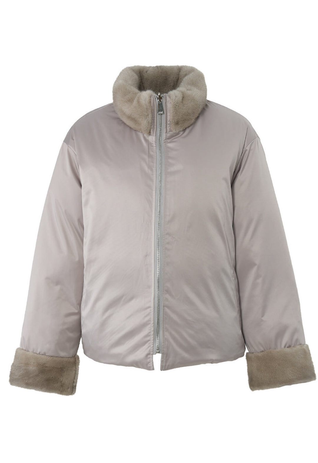 Close-up of a double-face down jacket, showing the contrast between the smooth wool exterior and the rich mink fur trim.