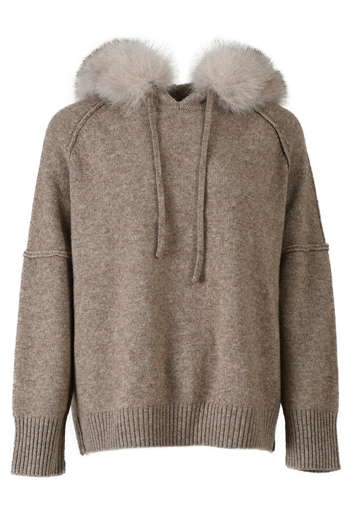 Taupe Cashmere Tracksuit with fox fur super soft cashmere hoodie for women, luxurious and comfortable, perfect for a chic silhouette.
