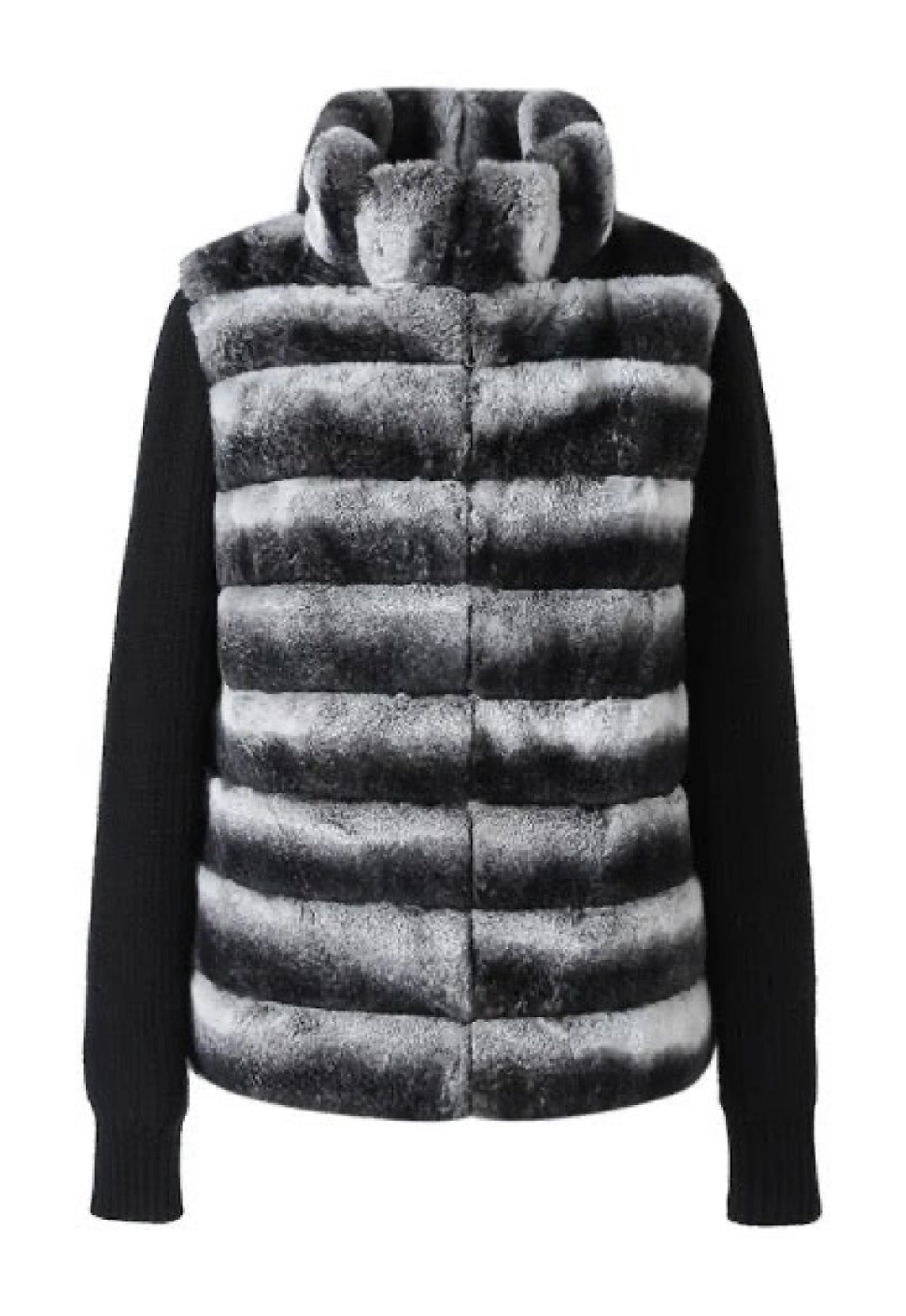 Black cashmere jacket with chinchilla-shaded Rex Rabbit fur trim displayed against a light background, highlighting its sleek silhouette and rich texture.