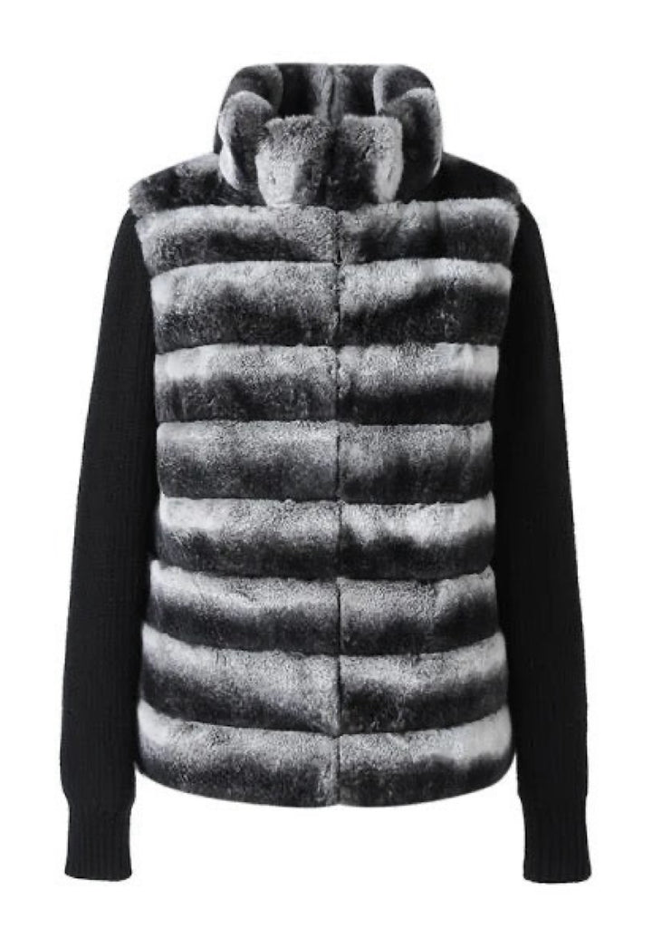 Black cashmere jacket with chinchilla-shaded Rex Rabbit fur trim displayed against a light background, highlighting its sleek silhouette and rich texture.