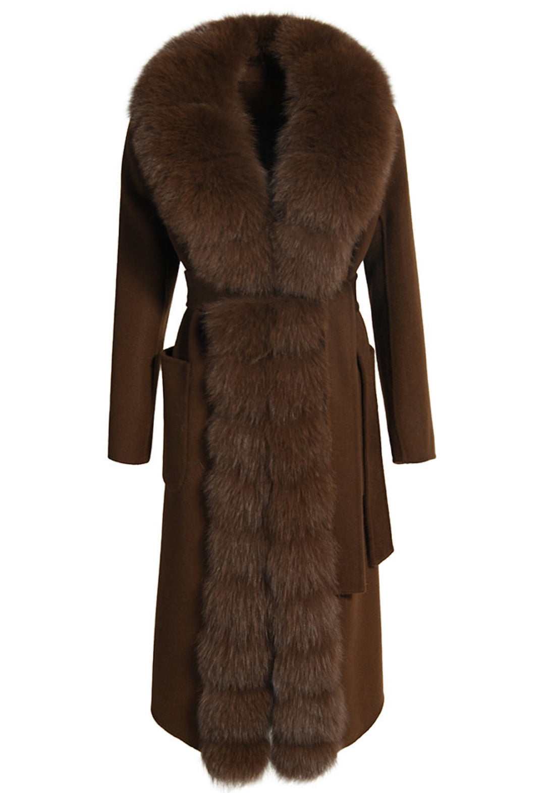 A brown coat expertly tailored from 100% double-faced cashmere, featuring clean lines, a matching belt at the waist, and a luxurious brown fox fur trim cascading along the front.