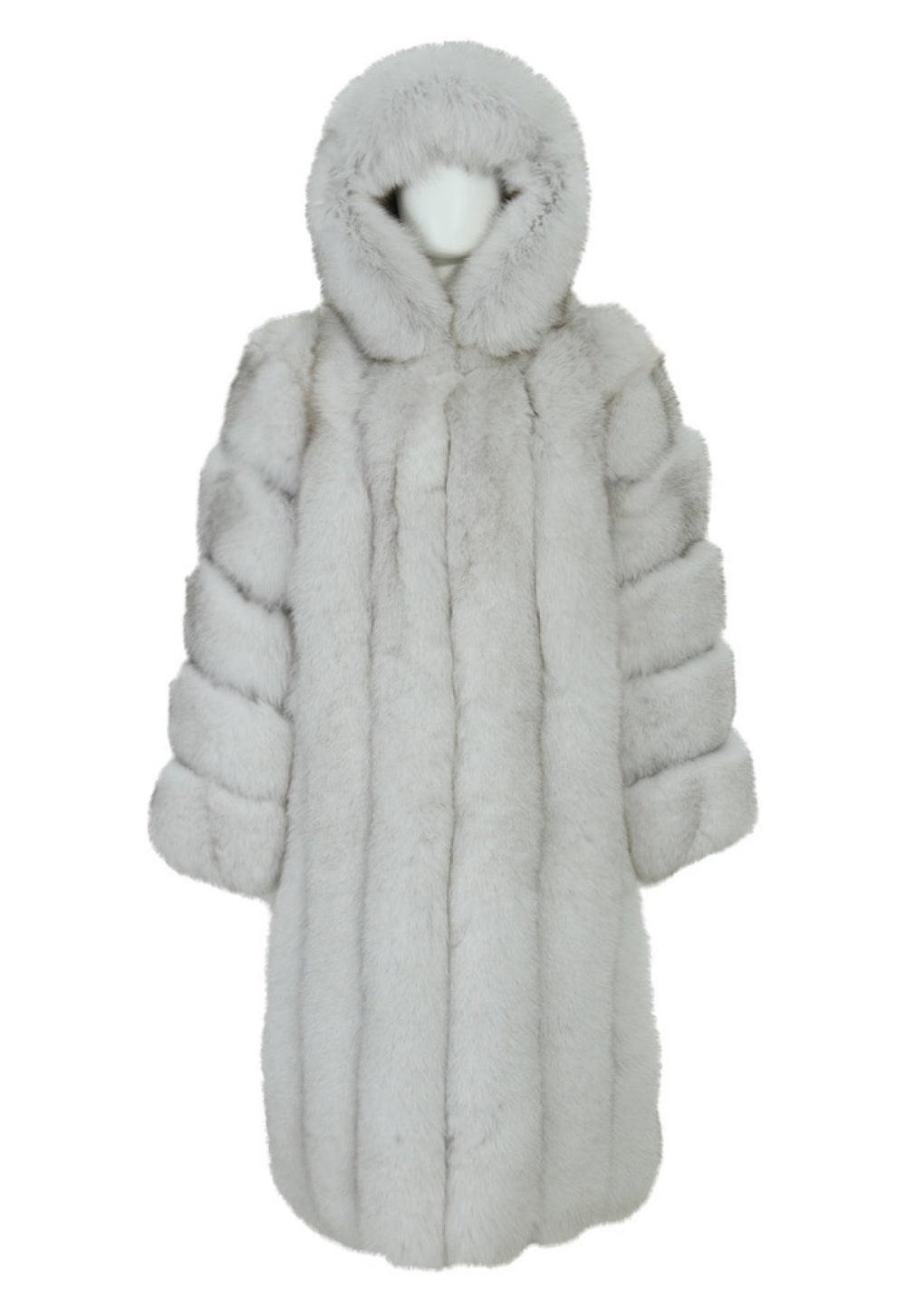 Elegant hooded Fox Fur Coat, showcasing a full-length silhouette and premium natural fox fur.