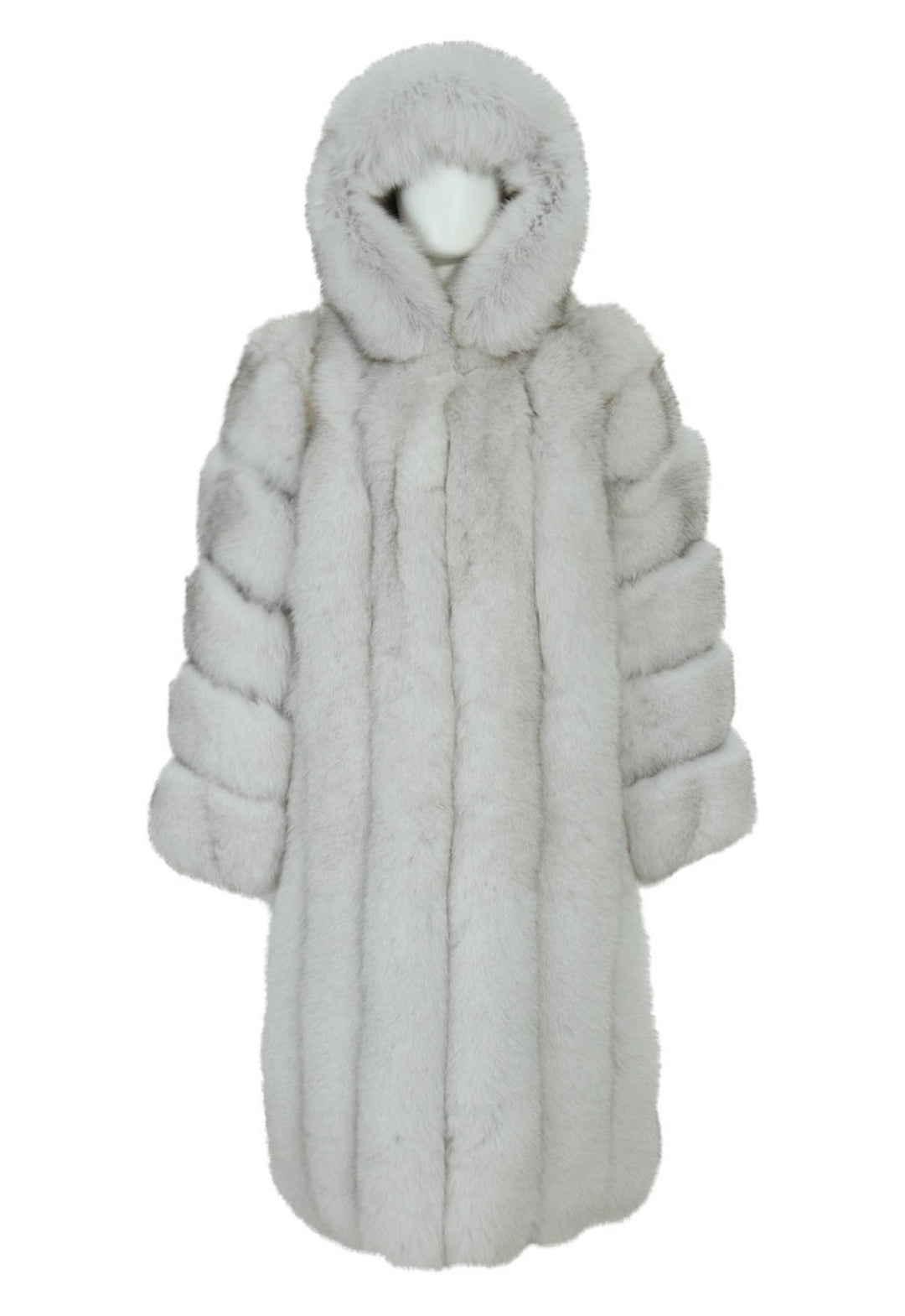 Elegant hooded Fox Fur Coat, showcasing a full-length silhouette and premium natural fox fur.