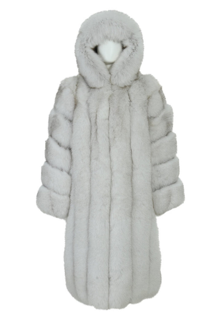 Elegant hooded Fox Fur Coat, showcasing a full-length silhouette and premium natural fox fur.