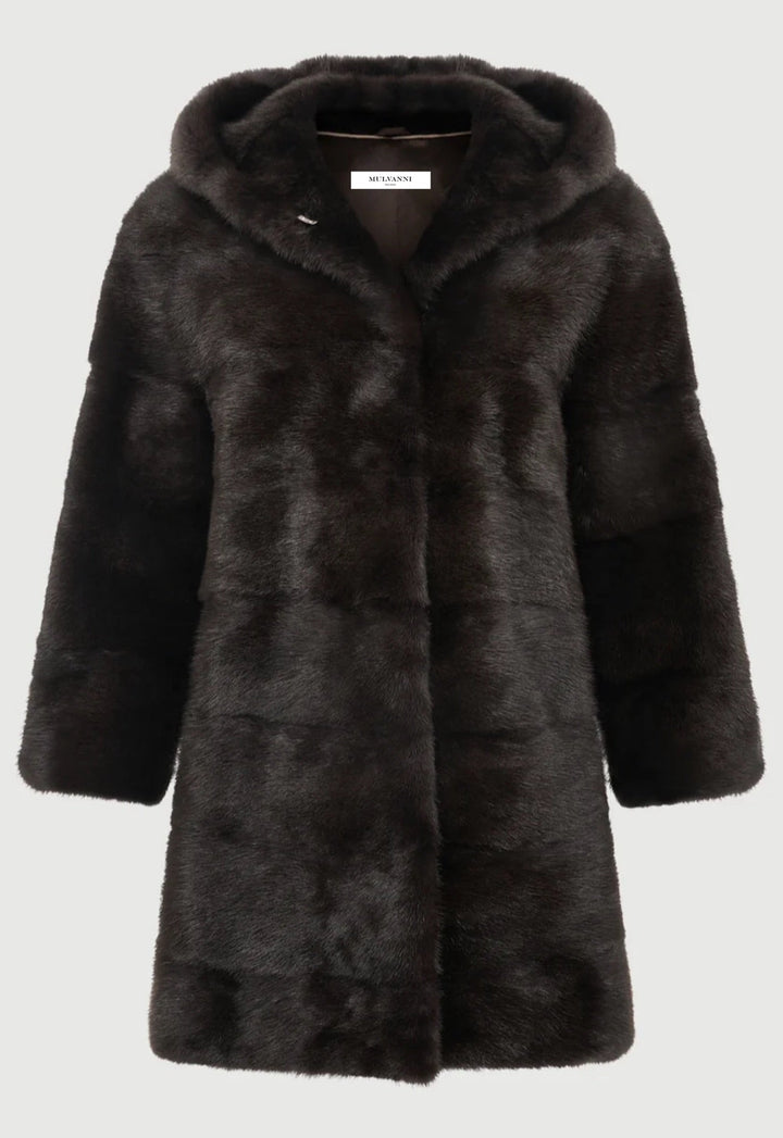 Exquisite brown mink fur coat crafted from premium mink, featuring a deep, rich hue, plush texture, and elegant hood for added warmth and sophistication.