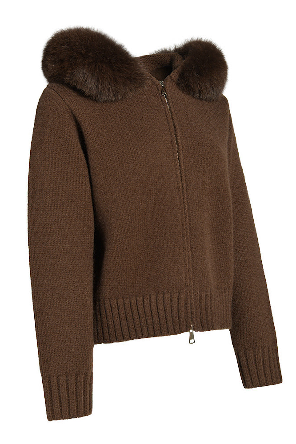 Cozy and refined brown cashmere outerwear with fox fur details, perfect for relaxed luxury at home or out.