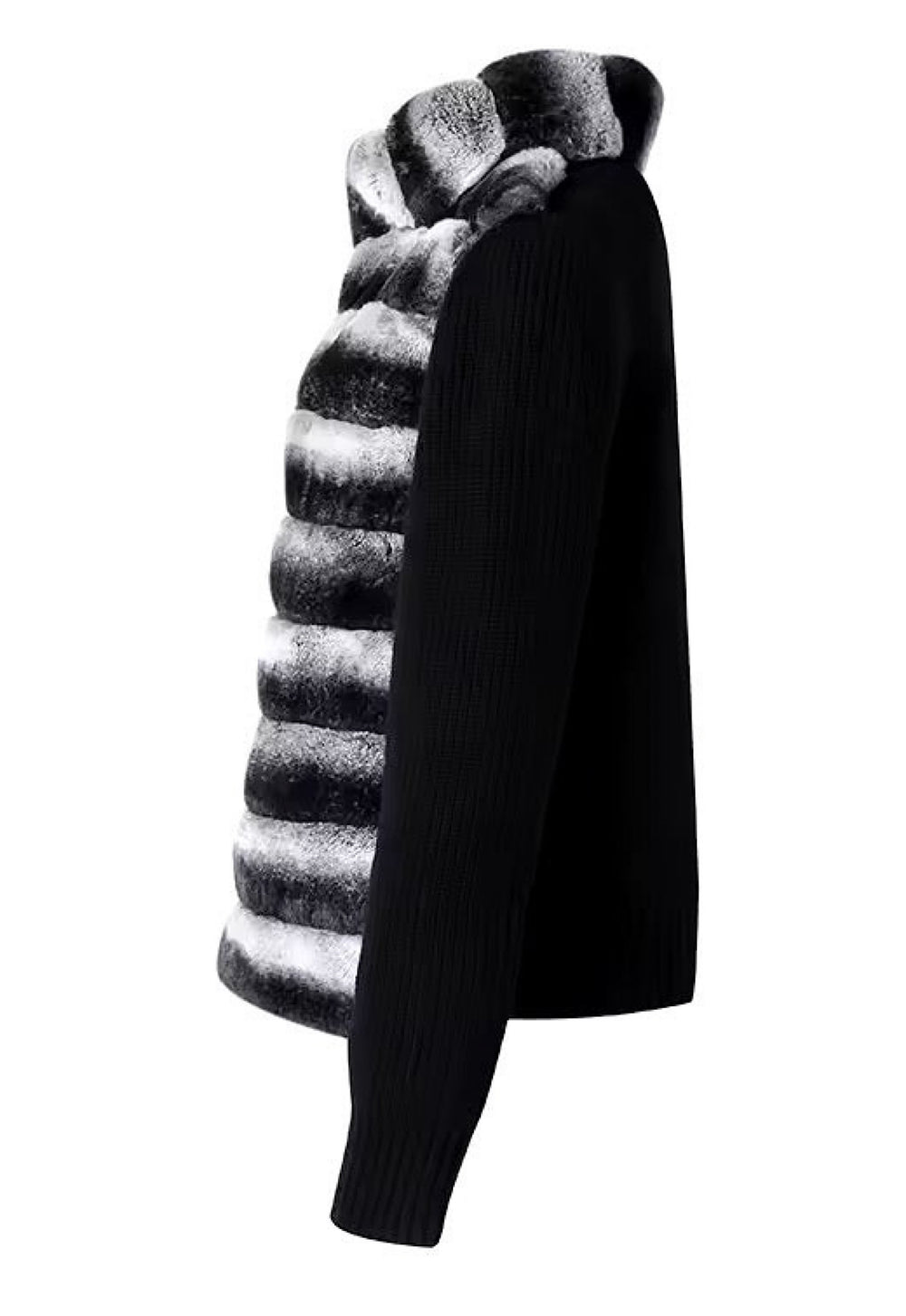 Front view of a luxurious black cashmere sweater-jacket hybrid, featuring plush Rex Rabbit fur in chinchilla tones along the collar and front, combining elegance with comfort.