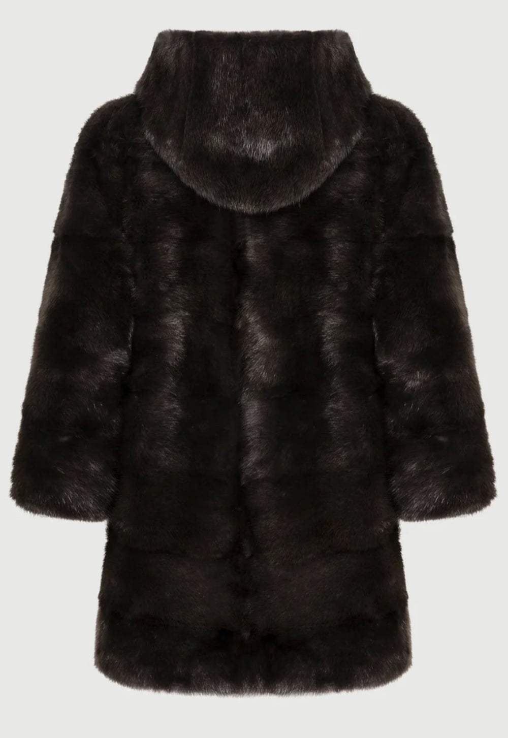 Luxurious mink fur coat in deep brown, designed with a chic hood and soft, voluminous texture—an ideal statement piece for winter elegance.