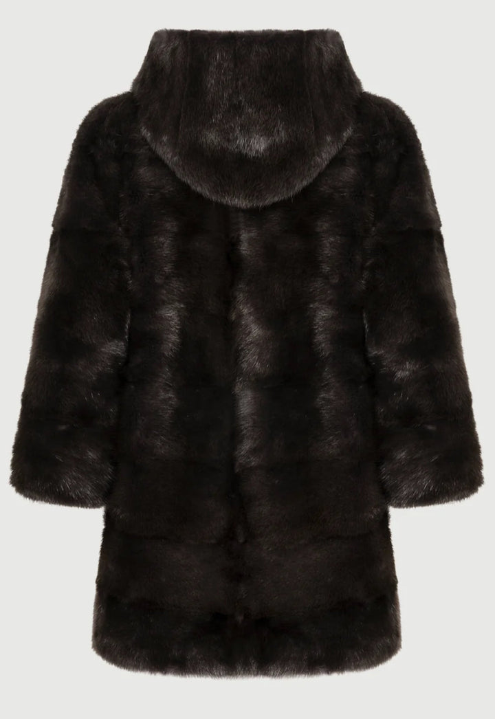 Luxurious mink fur coat in deep brown, designed with a chic hood and soft, voluminous texture—an ideal statement piece for winter elegance.