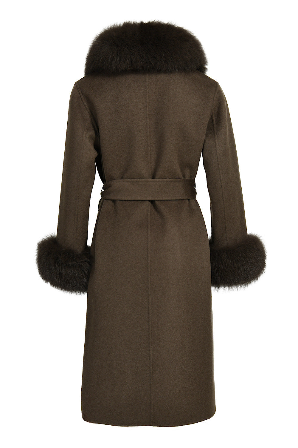Elegant cashmere coat in rich dark green, finished with voluminous fox fur trim for timeless outerwear style.