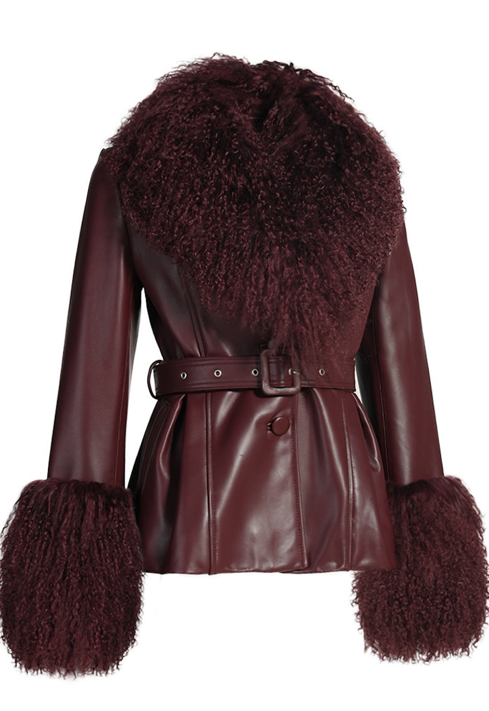 Soft lambskin leather jacket in rich burgundy, designed with a slim straight cut, leather button fastening, and a leather belt to cinch the waist.