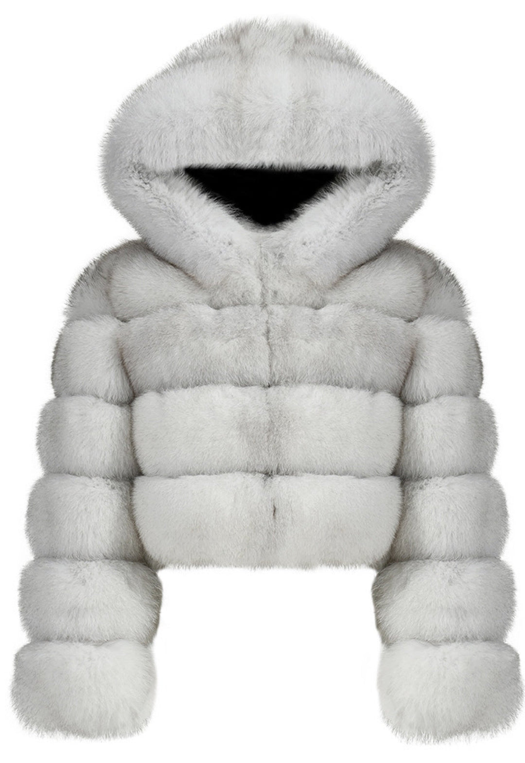 Cropped fox fur coat featuring a dense horizontal panel design and a generous hood, crafted from the finest 100% genuine fox fur for exceptional warmth and luxury.