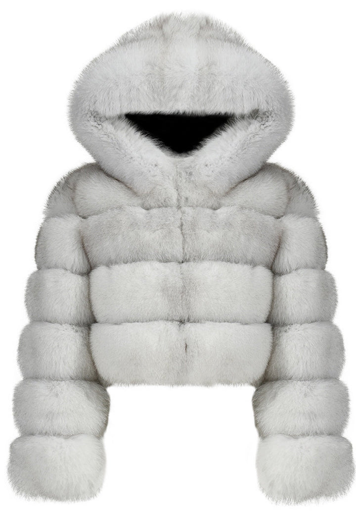 Cropped fox fur coat featuring a dense horizontal panel design and a generous hood, crafted from the finest 100% genuine fox fur for exceptional warmth and luxury.