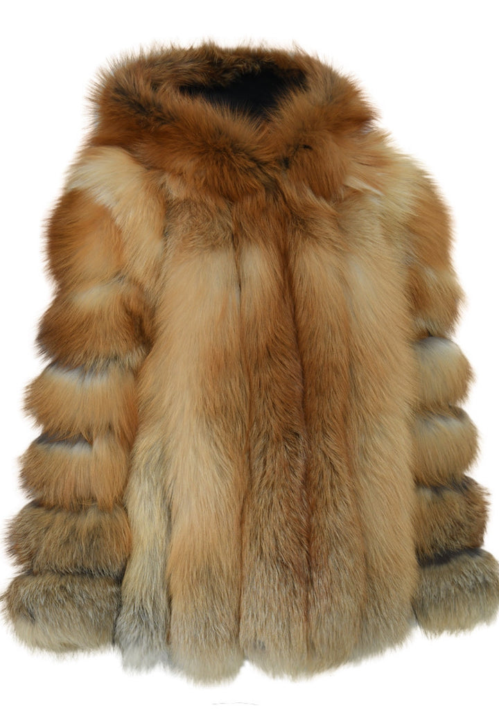 Chic red fox fur coat with hood for women, offering a blend of warmth and high-end fashion with its sumptuous, vibrant fur.