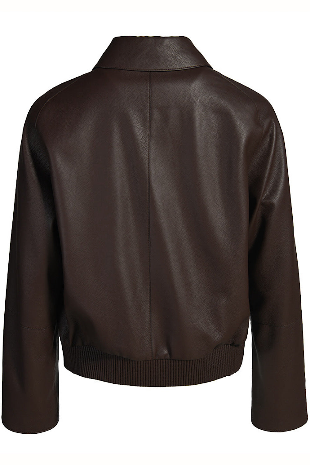 A genuine leather jacket in warm brown, showcasing natural grain, clean lines, and a timeless design perfect for everyday wear.