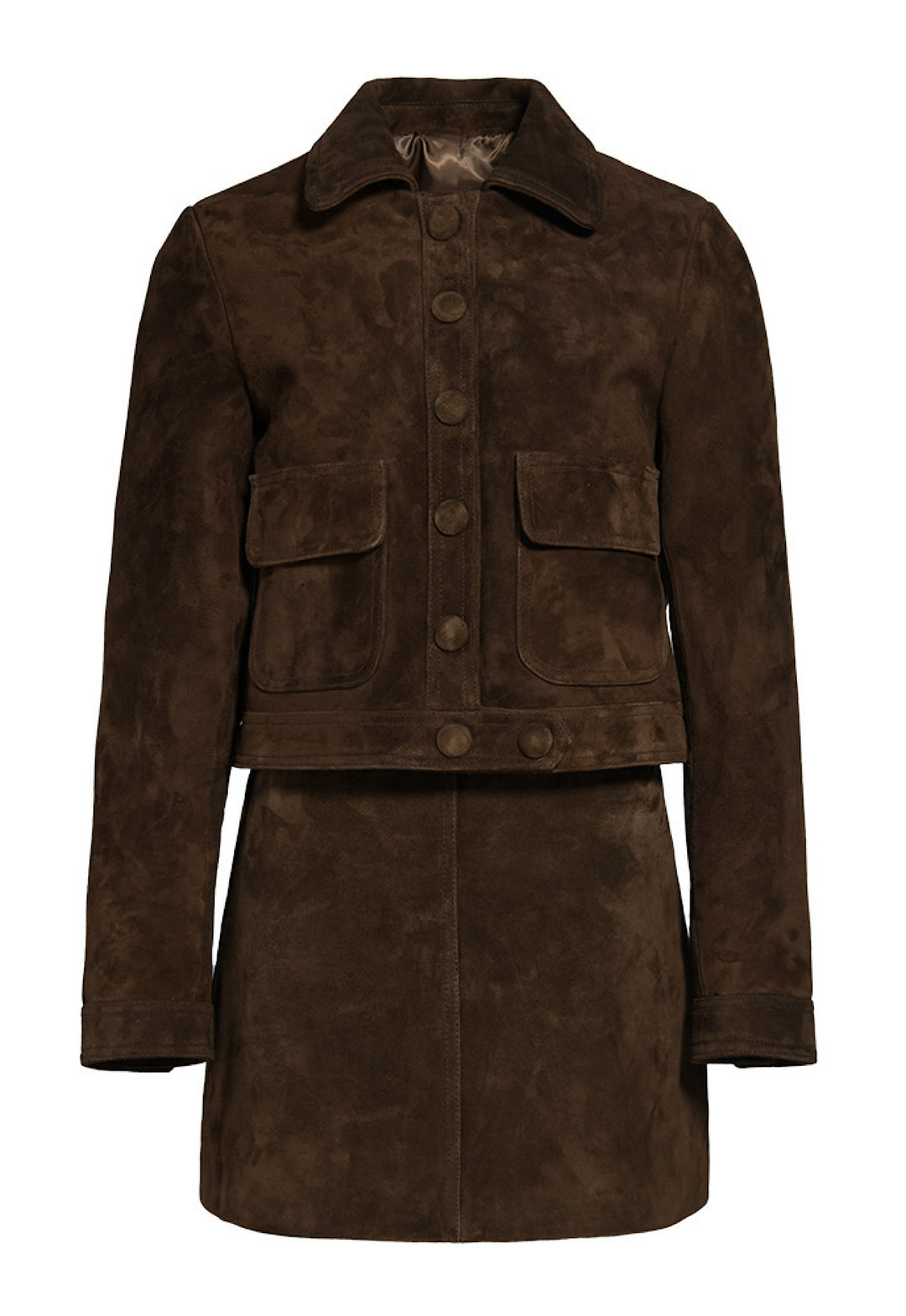 Brown suede cropped jacket and matching skirt set, crafted from genuine suede for a structured, elegant silhouette with modern edge.
