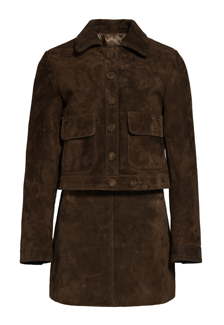Brown suede cropped jacket and matching skirt set, crafted from genuine suede for a structured, elegant silhouette with modern edge.