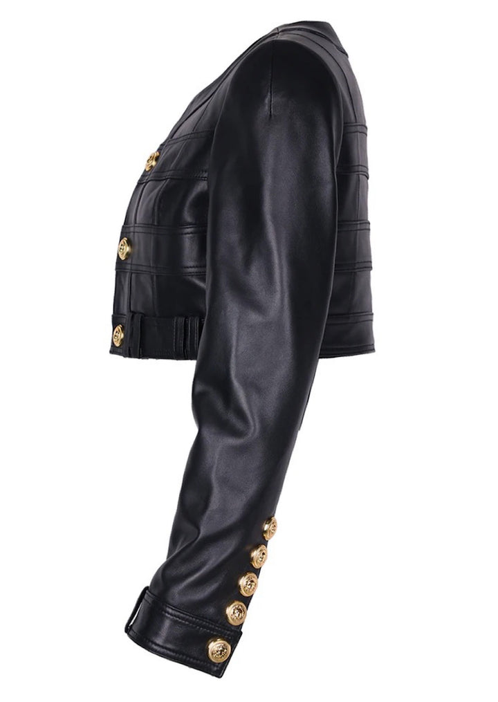 Tailored leather jacket with a polished, modern cut, cropped at the waist and detailed with luxurious gold hardware.