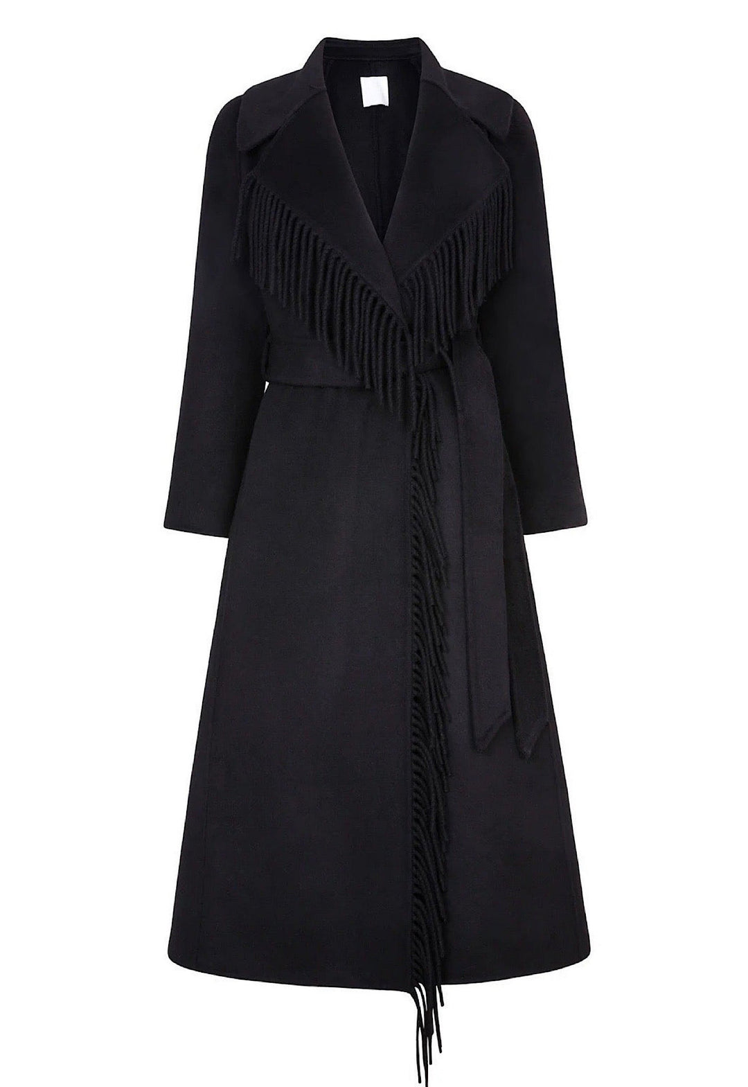 a chic black fringe cashmere coat with a plush black fox fur collar. The coat’s stylish design and soft textures create a striking and elegant look for colder days.