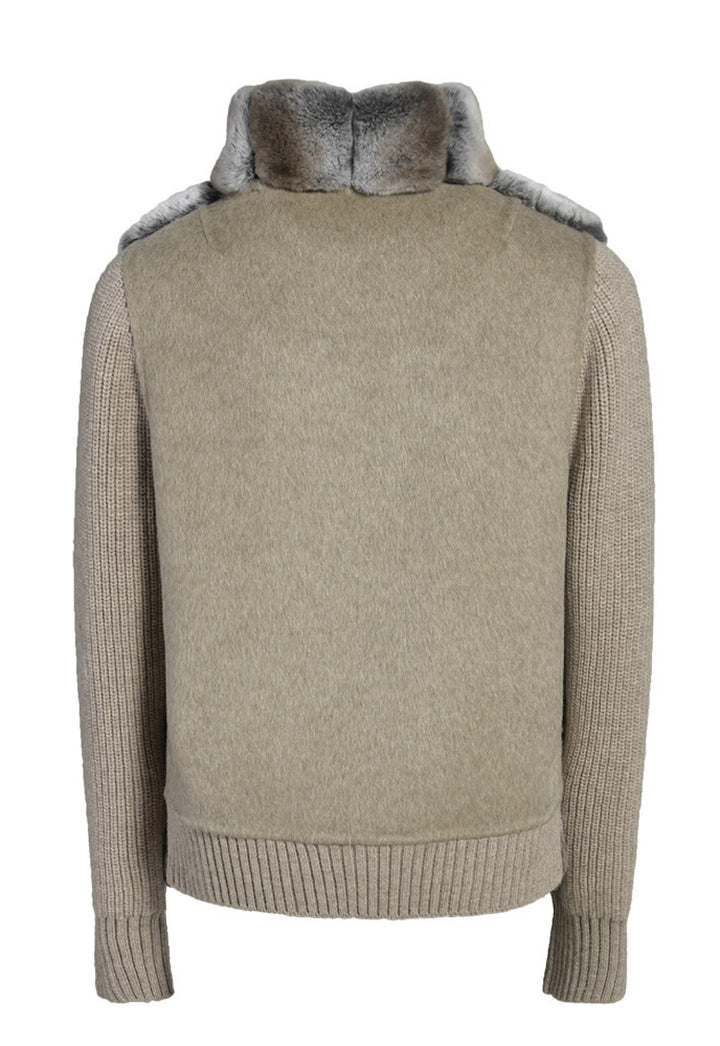 Rear view of a cashmere jacket with genuine Rex Rabbit fur trim in soft grey gradient tones, styled for warmth and sophistication.