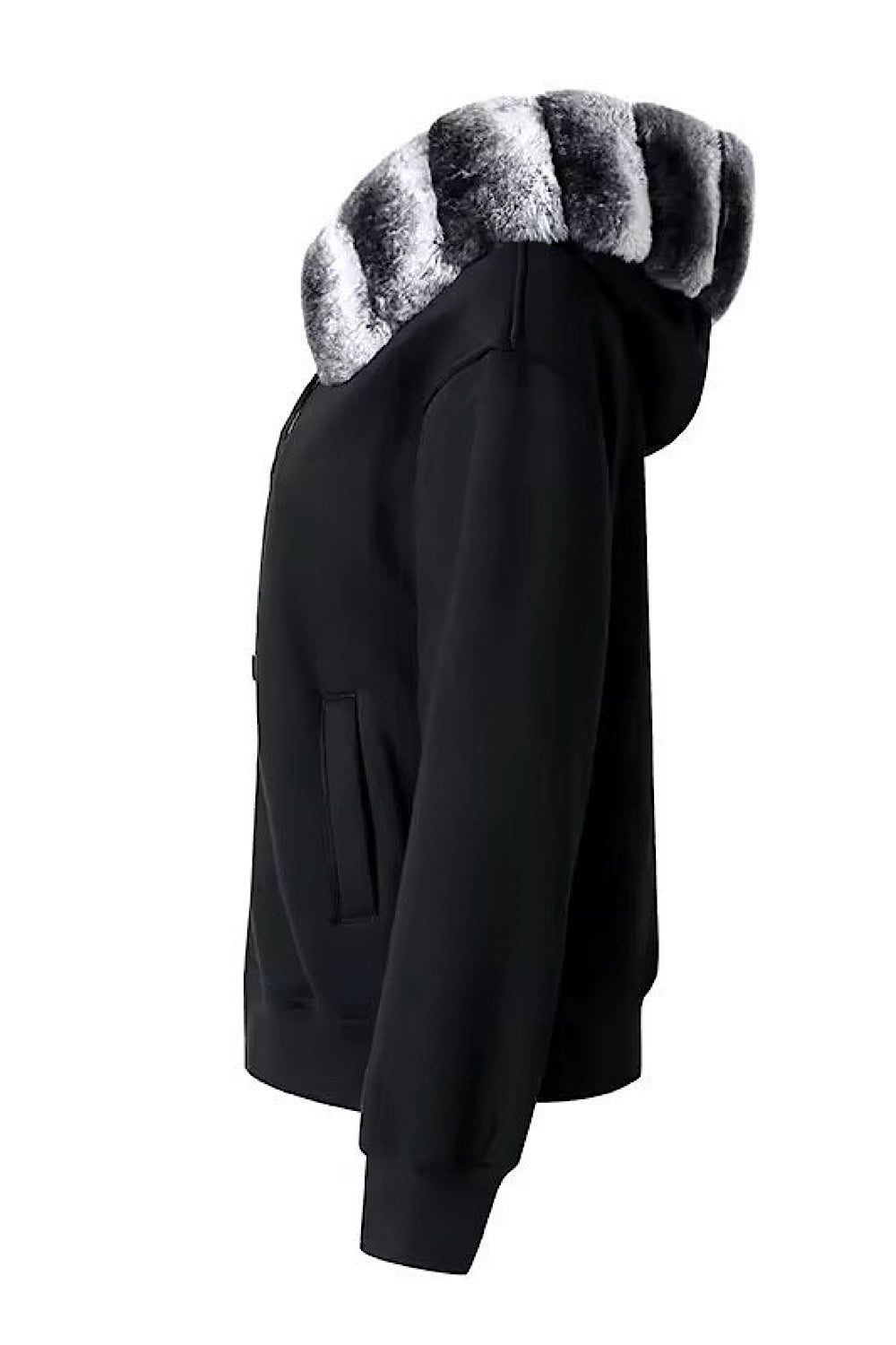 Close-up of a plush black Rex Rabbit fur hoodie, highlighting its rich texture and practical front zip closure.