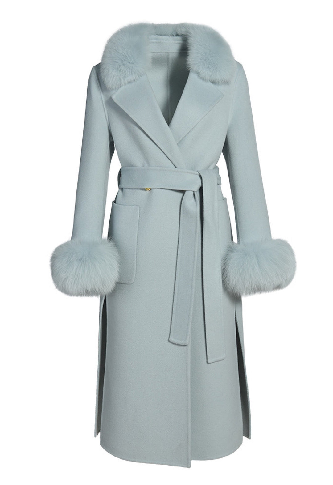 Pastel blue cashmere coat featuring a wrap silhouette with a wide shawl collar trimmed with plush, detachable genuine fox fur, combining elegance and warmth.