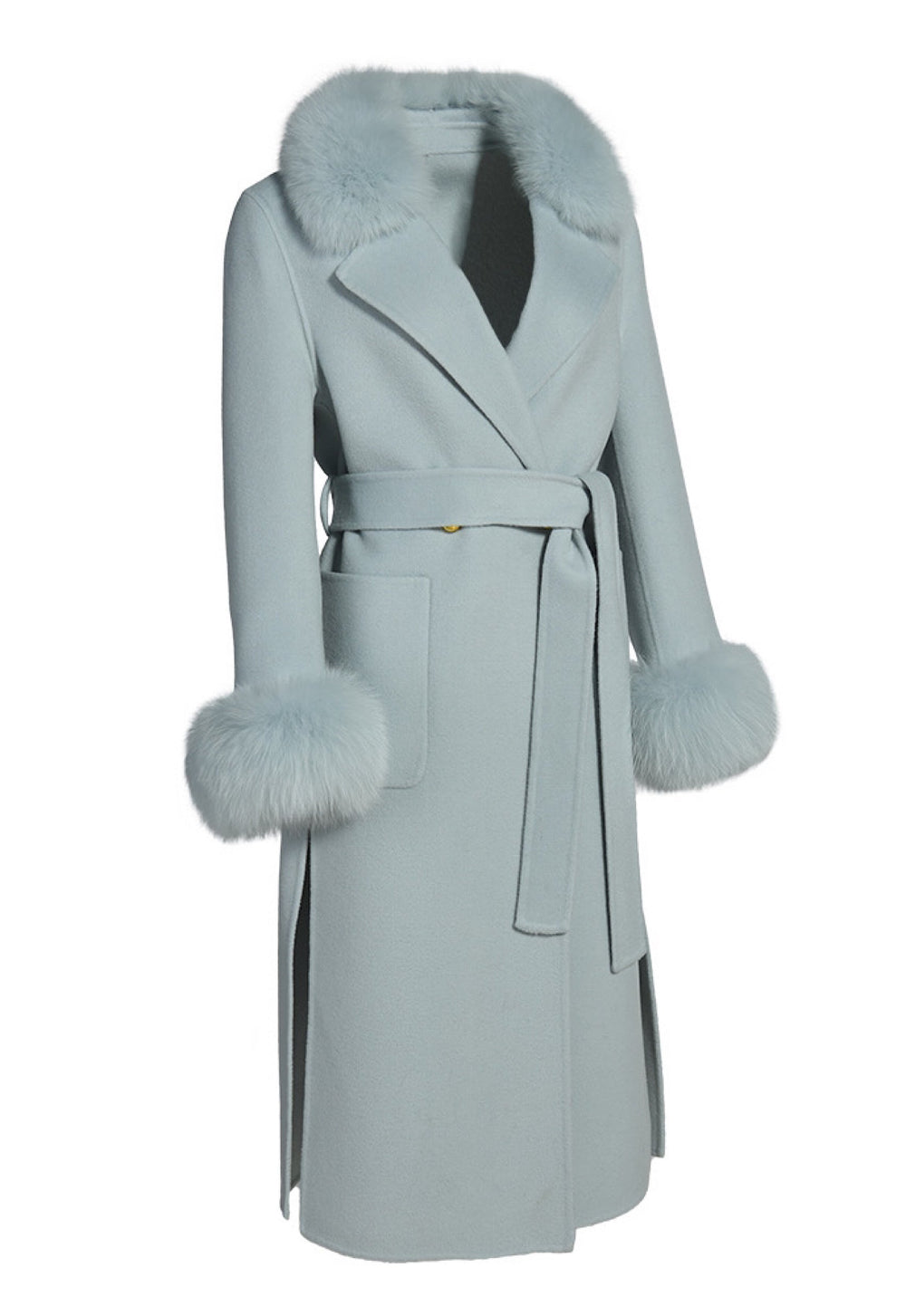 Close-up detail of the soft genuine fox fur collar and cuffs on a pastel blue double-faced cashmere coat, showcasing texture and quality.