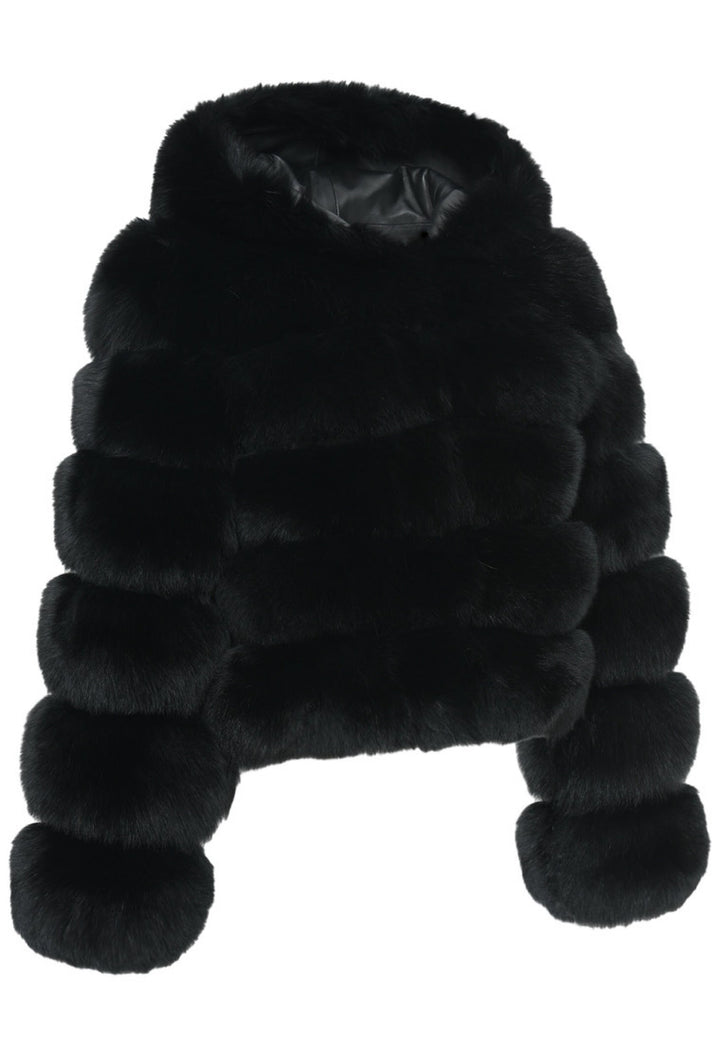 SERINA black hooded fox fur coat for women in soft luxury fur for winter with generous hood and horizontal panels.