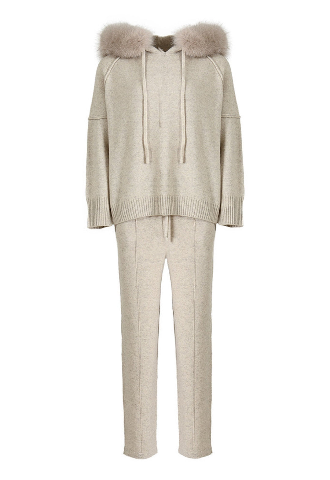 Latte Cashmere Tracksuit with fox fur, super soft 100% cashmere wool, women's luxury loungewear in relaxed fit, ideal for cooler days
