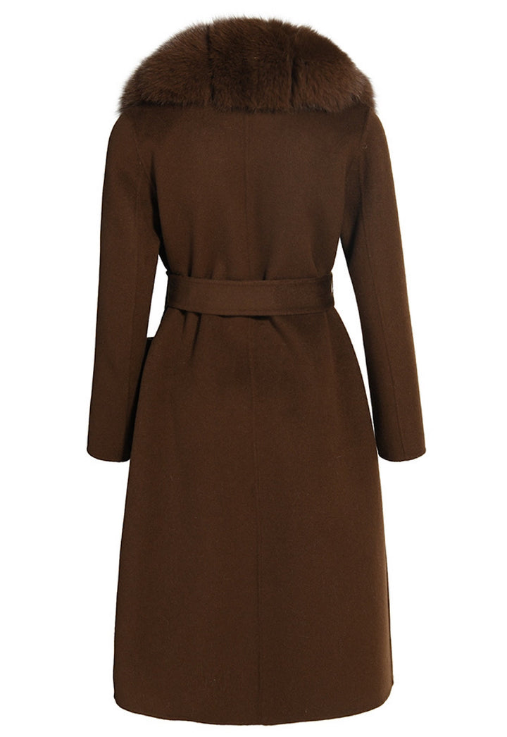 Crafted for a flawless fit, this brown cashmere coat includes a matching belt and rich brown fox fur detail along the front, blending timeless style with cozy luxury.