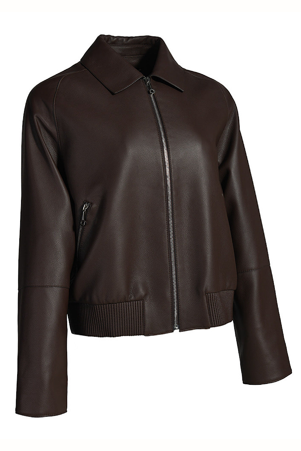 Brown leather jacket crafted from genuine leather, designed with structured tailoring and a smooth finish for a refined yet rugged look.