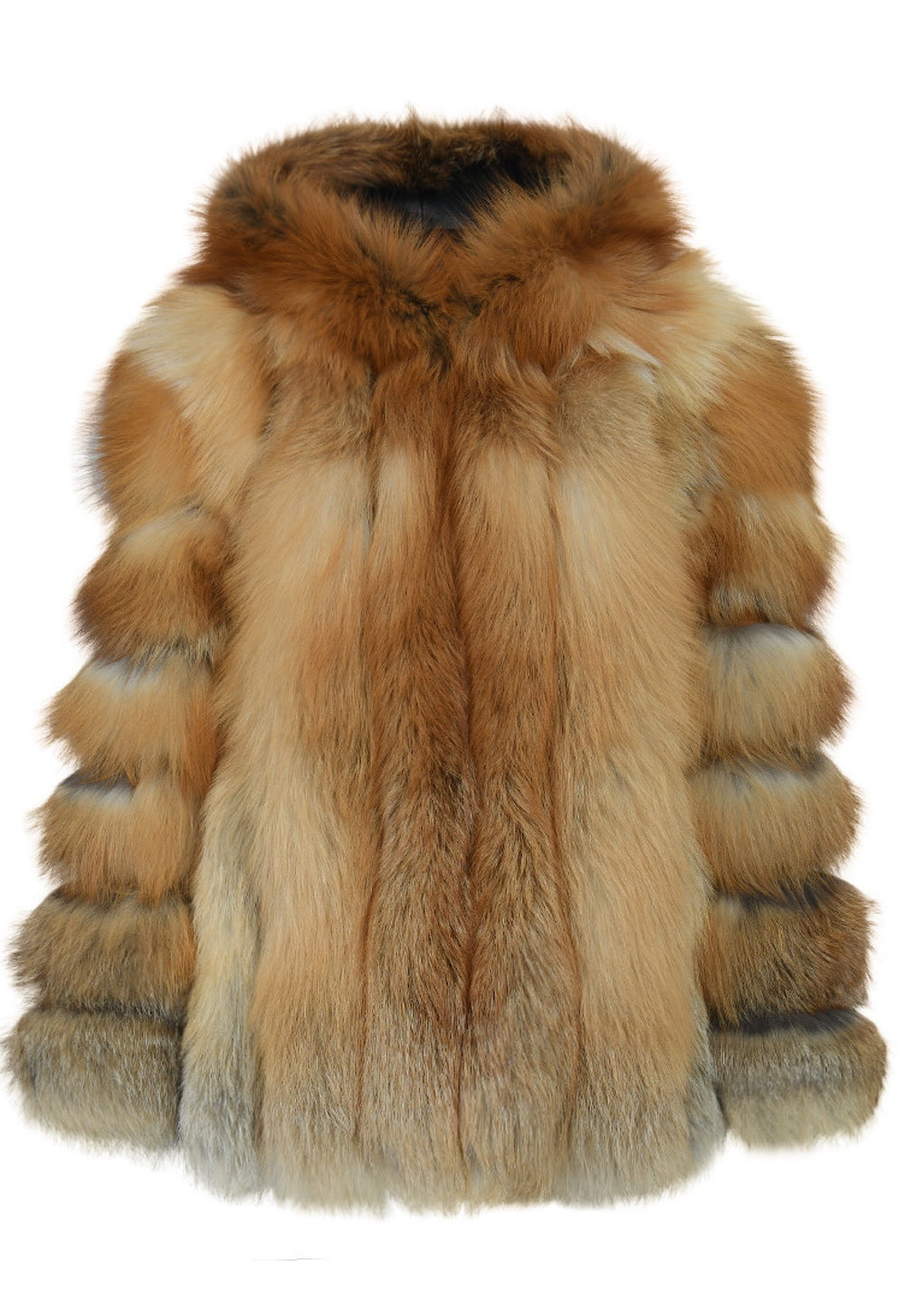 Elegant women's coat made from plush red fox fur, complete with a warm hood, exuding luxury and sophistication.