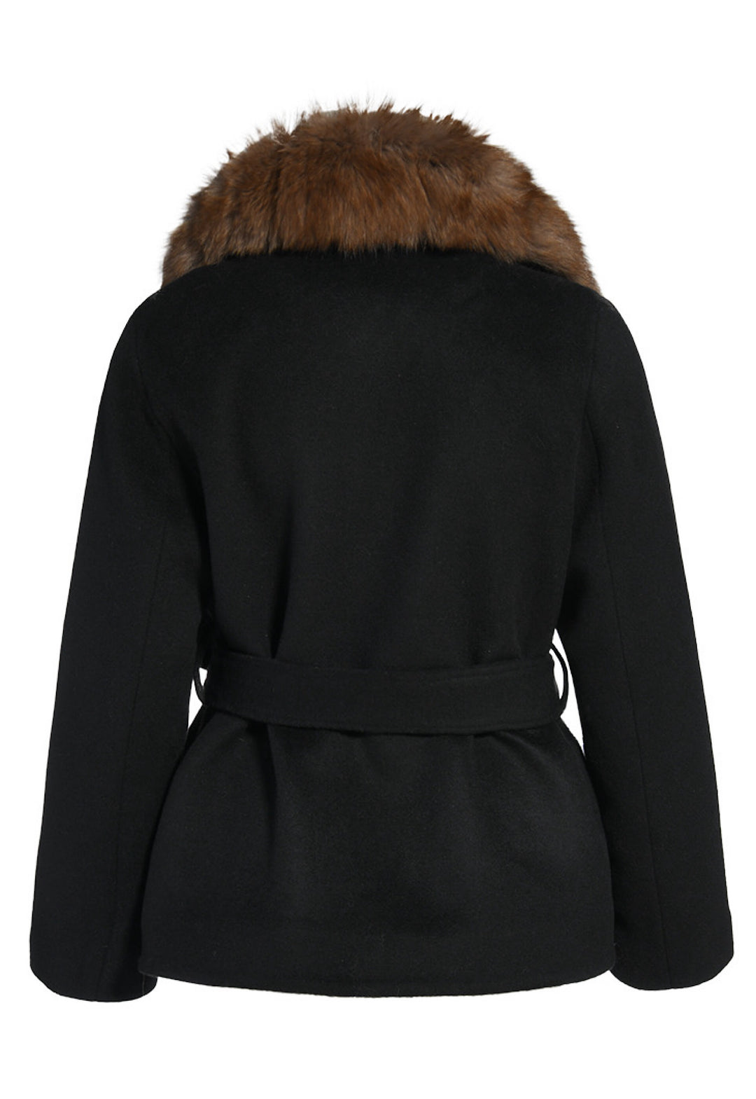 Sophisticated short wool coat crafted with fine Italian fabric, highlighted by a plush sable-dyed fox fur trim on the oversized collar for a touch of opulence.