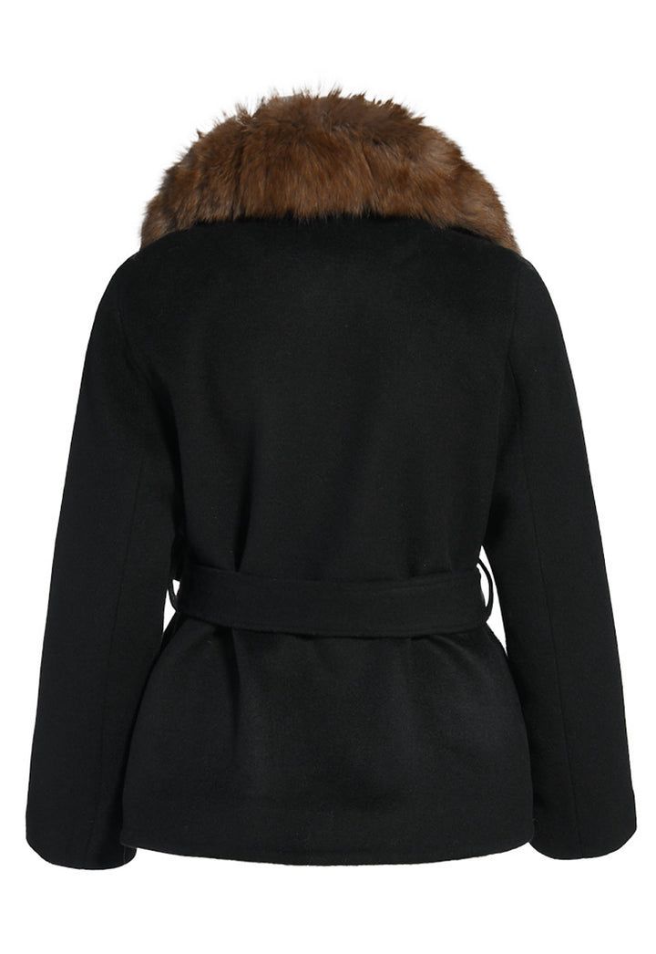 Sophisticated short wool coat crafted with fine Italian fabric, highlighted by a plush sable-dyed fox fur trim on the oversized collar for a touch of opulence.