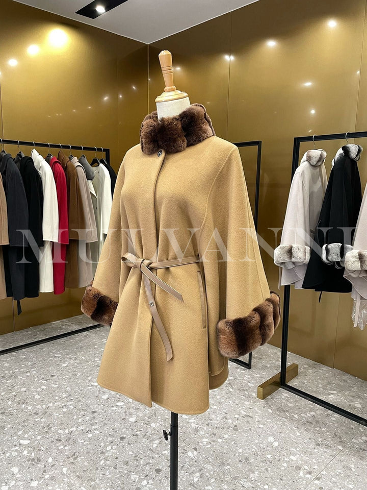Luxurious women Cashmere Cape with Rex Rabbit Fur, showcasing high-quality fabrics and classic design, perfect for formal looks.