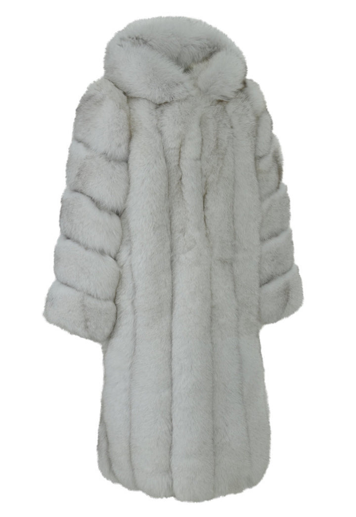 Luxurious long Coat made from natural fox fur, with a sophisticated long design in light gray