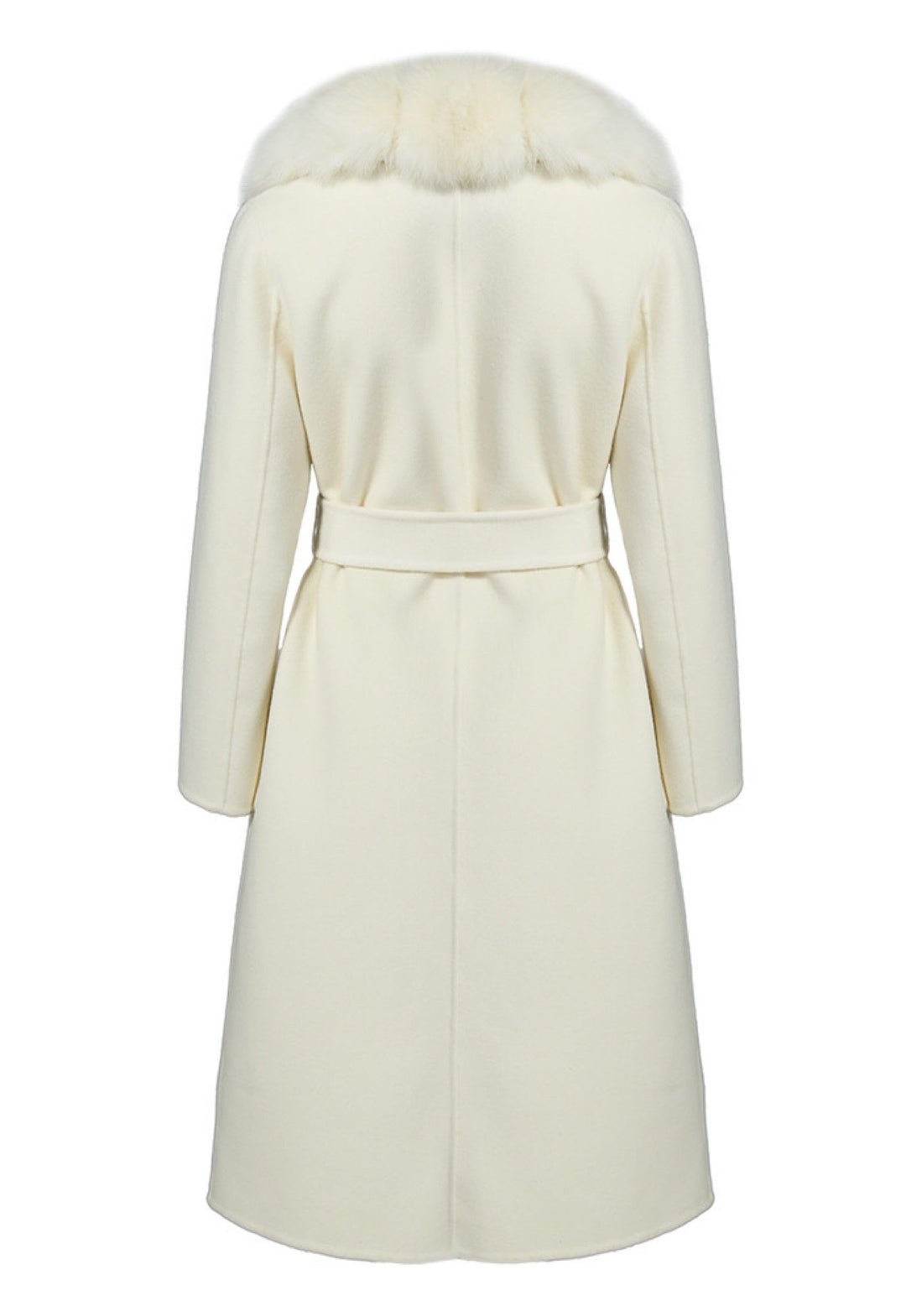 ALIZE white cashmere coat with genuine fox fur trim, featuring a tailored fit and luxurious design perfect for stylish winter wear