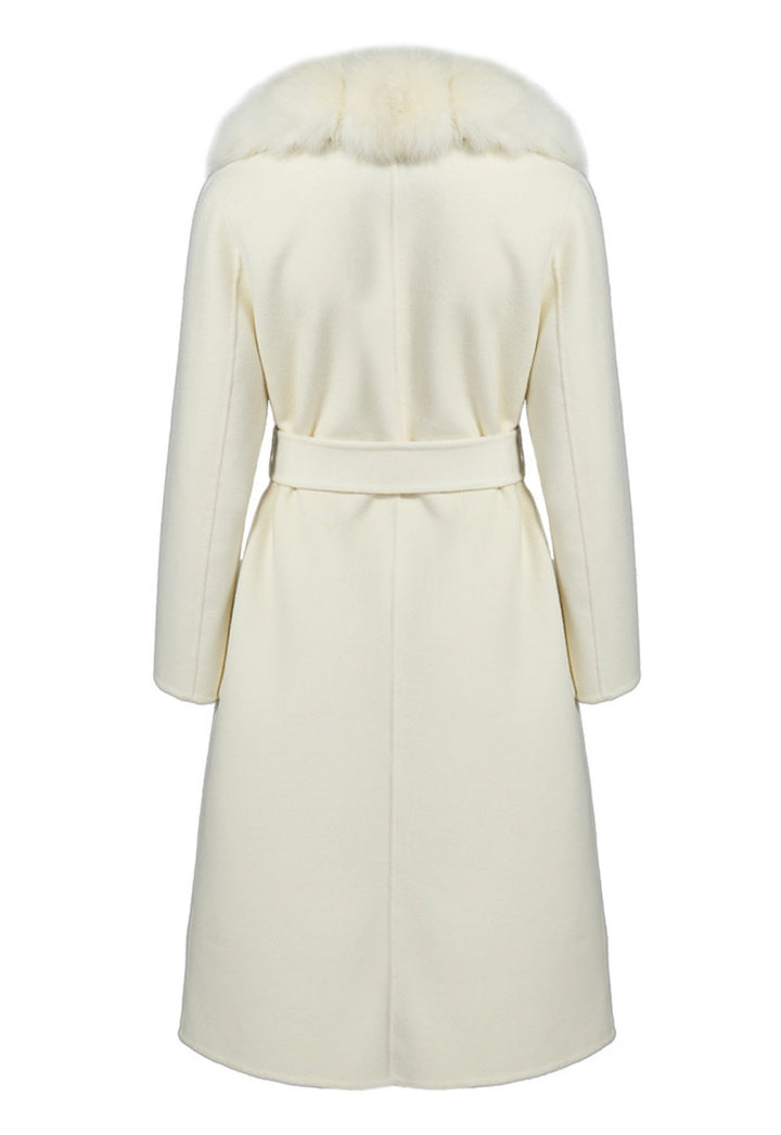 ALIZE white cashmere coat with genuine fox fur trim, featuring a tailored fit and luxurious design perfect for stylish winter wear
