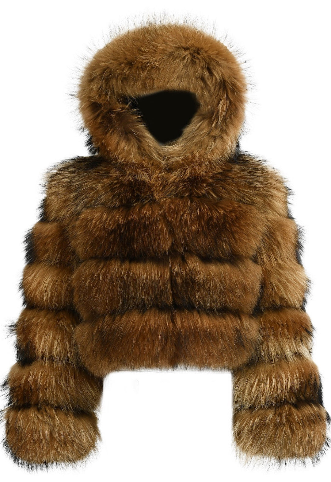 Hooded raccoon fur coat crafted from 100% genuine plush fur, featuring a bold horizontal panel design and a large hood for maximum warmth during freezing temperatures.
