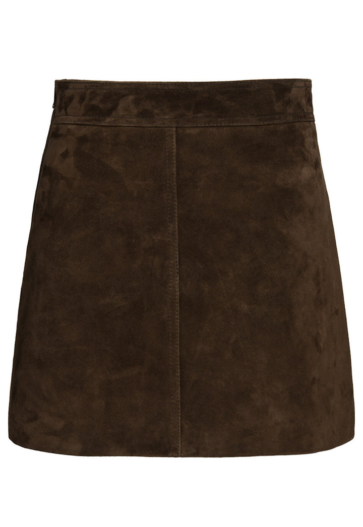 Brown suede mini skirt paired with a matching cropped jacket, showcasing a sleek, coordinated look with a flattering, structured silhouette.