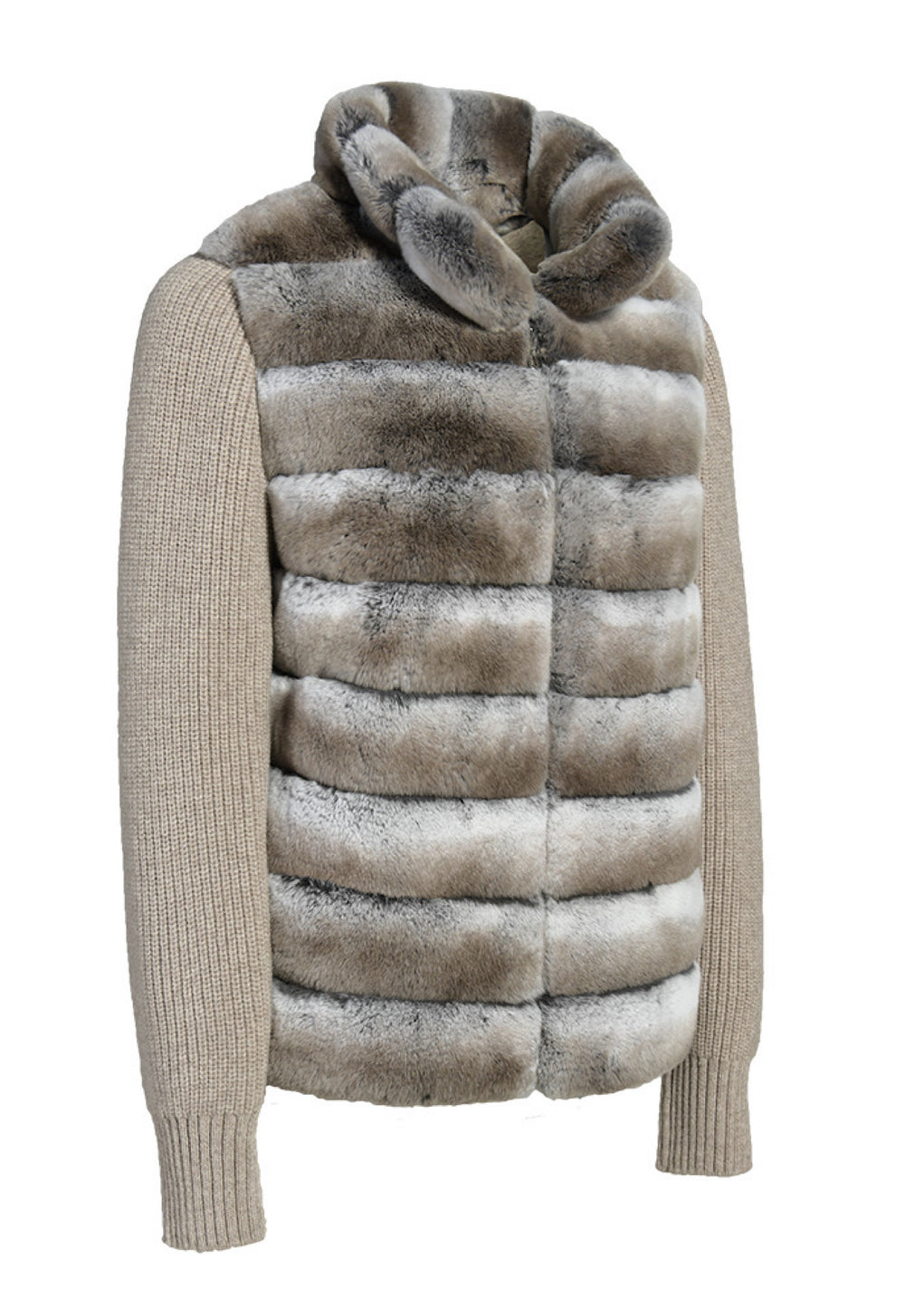 Folded chinchilla-toned cashmere and Rex Rabbit fur jacket, showing off its luxurious texture and relaxed silhouette.