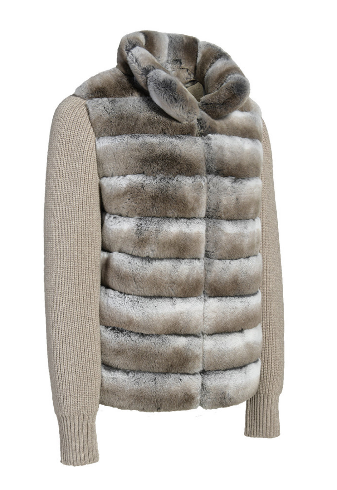 Folded chinchilla-toned cashmere and Rex Rabbit fur jacket, showing off its luxurious texture and relaxed silhouette.