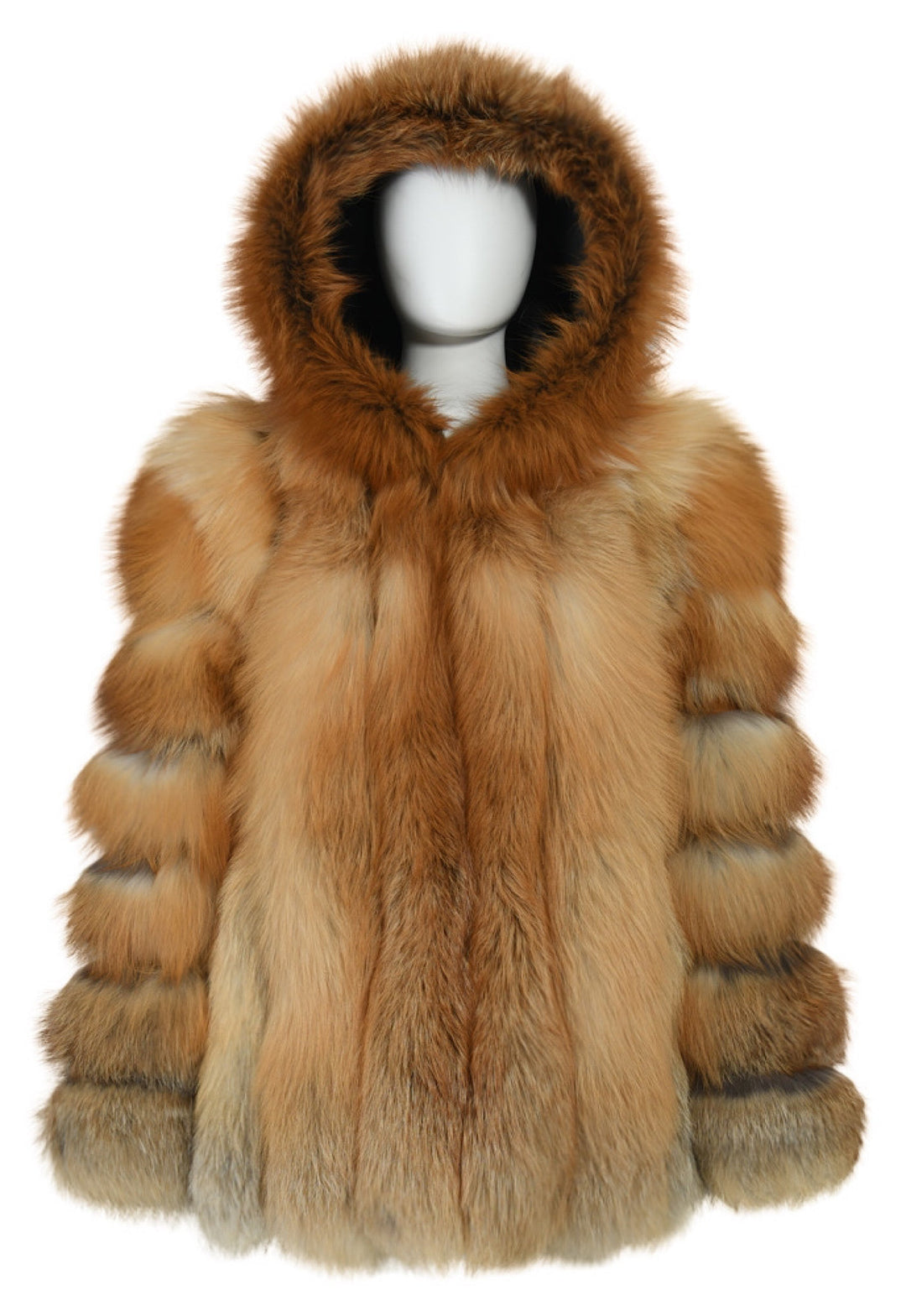Luxurious red fox fur coat for women, featuring a cozy hood and rich, vibrant fur for an opulent and stylish look.