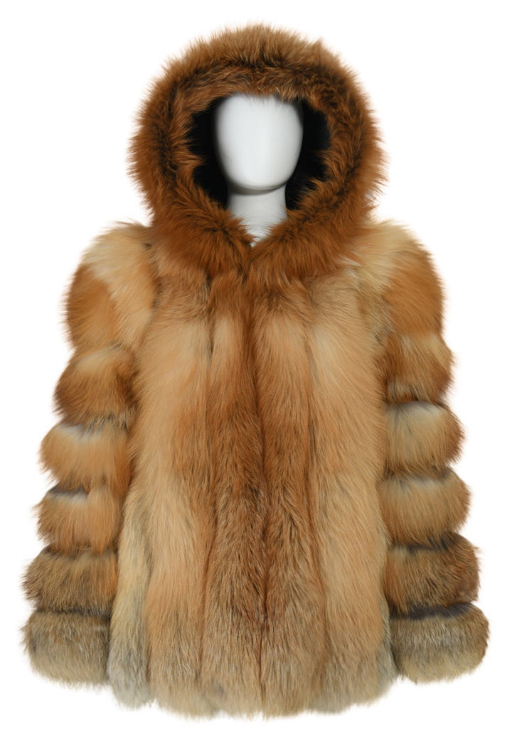 Luxurious red fox fur coat for women, featuring a cozy hood and rich, vibrant fur for an opulent and stylish look.