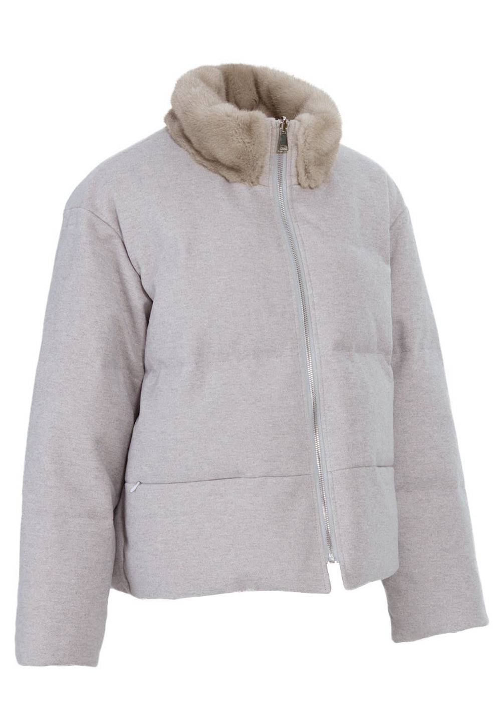 Luxurious winter jacket crafted from premium wool with a mink fur neck detail, highlighting its elegant texture and insulating design.