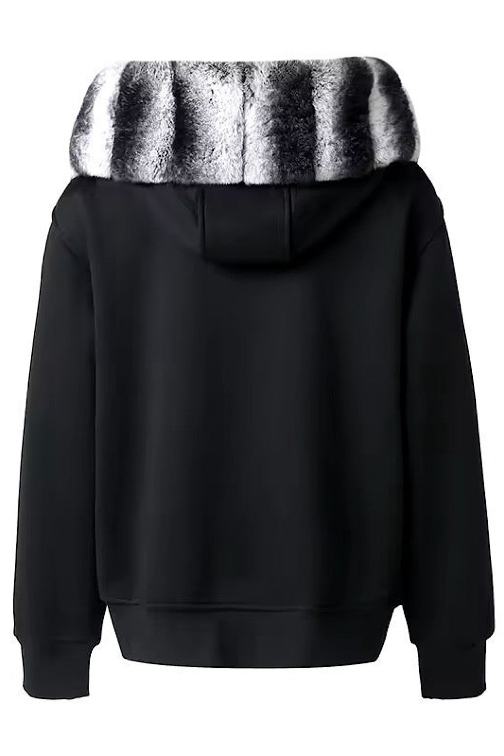 Sleek winter hoodie in black genuine Rex Rabbit fur, designed with a detachable lining for easy maintenance and insulation.