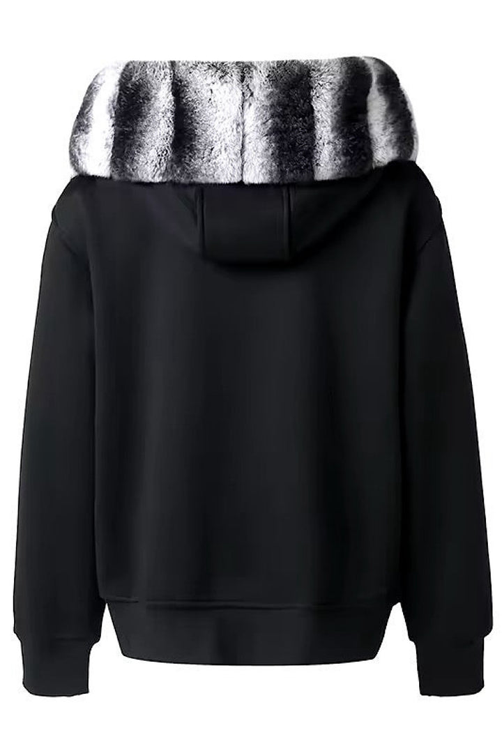 Sleek winter hoodie in black genuine Rex Rabbit fur, designed with a detachable lining for easy maintenance and insulation.