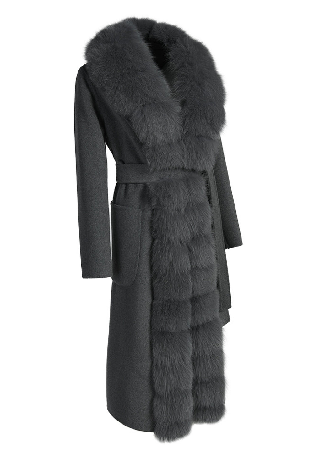 Elegant grey double-faced cashmere coat with a refined silhouette, cinched waist belt, and soft genuine grey fox fur trim for added warmth and sophistication.